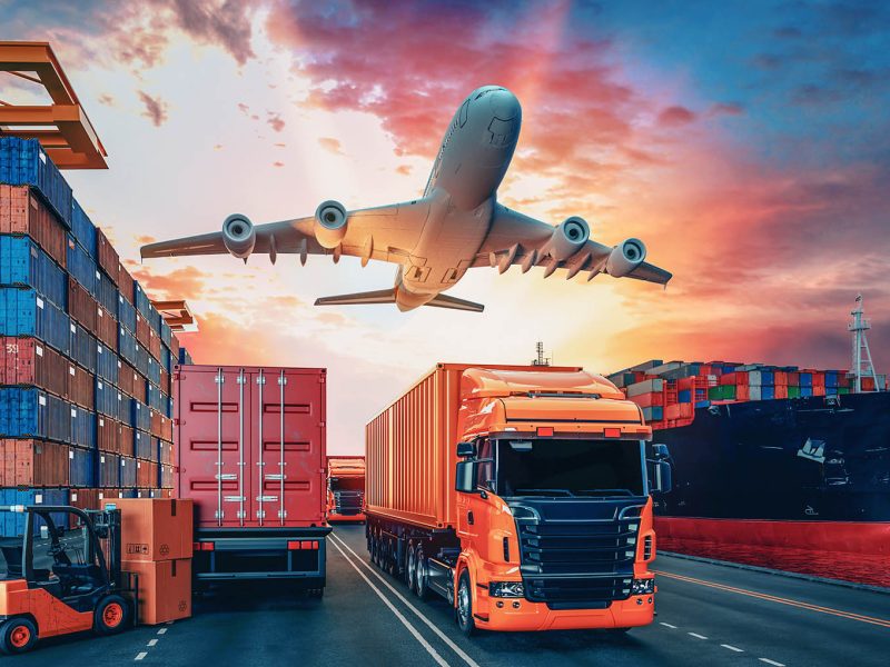 Transportation and logistics of Container Cargo ship and Cargo plane. 3d rendering and illustration.